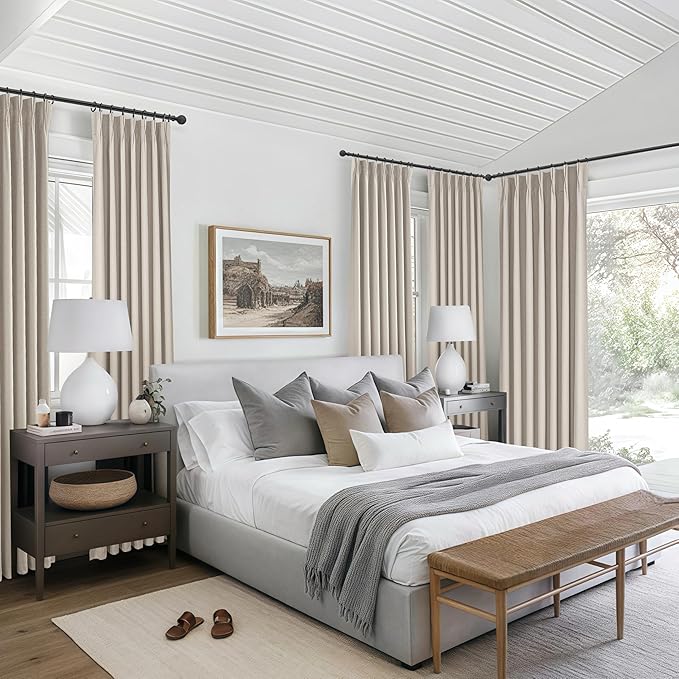 Grey Beige Taupe Viral Curtains with French Pinch Pleat Clips& White Backing, Thermal Living Room/Bedroom Linen Blackout Curtain 96 Inches Long 2 Panels Set Window Boho Summer Drapes (40"Wx96"L)