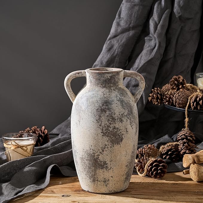 9.84 Inch Ceramic Vase with Handles, Tuscan Decor Antique Terracotta Vase, Rustic Decorative Flower Vase for Home Decor, Farmhouse, Living Room, Table, Bedroom, Office, Entrance- Gray