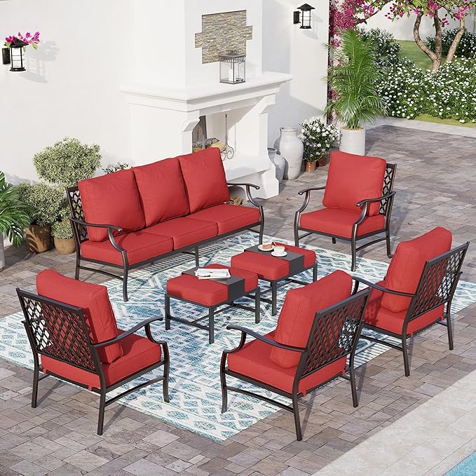 7 Piece Metal Outdoor Patio Furniture Set, Patio Conversation Sets 1 3-Seater Sofa, 4 Fixed Chair, 2 Ottomans with 5.75" Thick Cushion, Black All-Weather Frame Backyard Furniture, Red