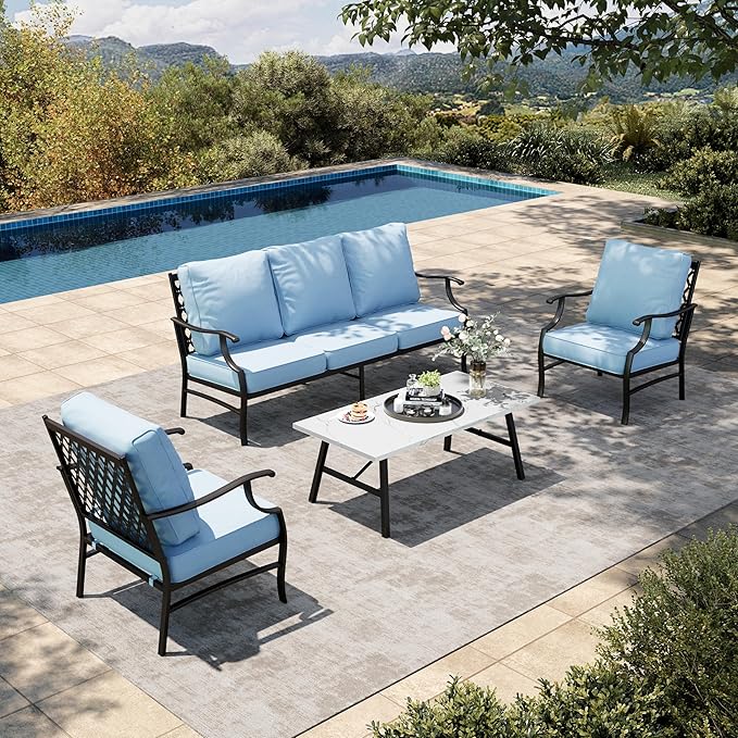 HERA'S HOUSE 4 Piece Patio Furniture Set, 2 x Metal Frame Cushioned Chair, 3-Seat Sofa with Marbling Coffee Table, All Weahter Outdoor Conversation Set for Lawn Garden Backyard, Blue