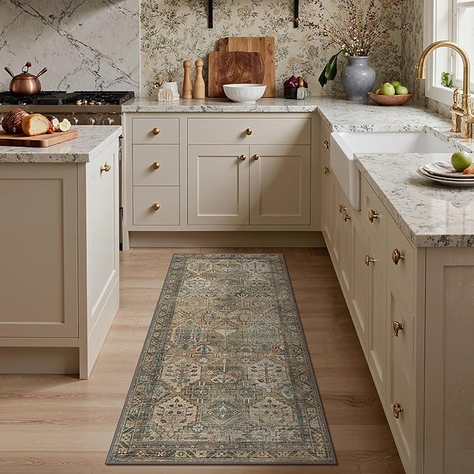 GENIMO 2x10 Runner Rugs for Hallway, Machine Washable Non Slip Vintage Rugs, Low Pile Lightweight Soft Print Rug for enrtyway, Corridor, Home Office, Kitchen, Warm Taupe