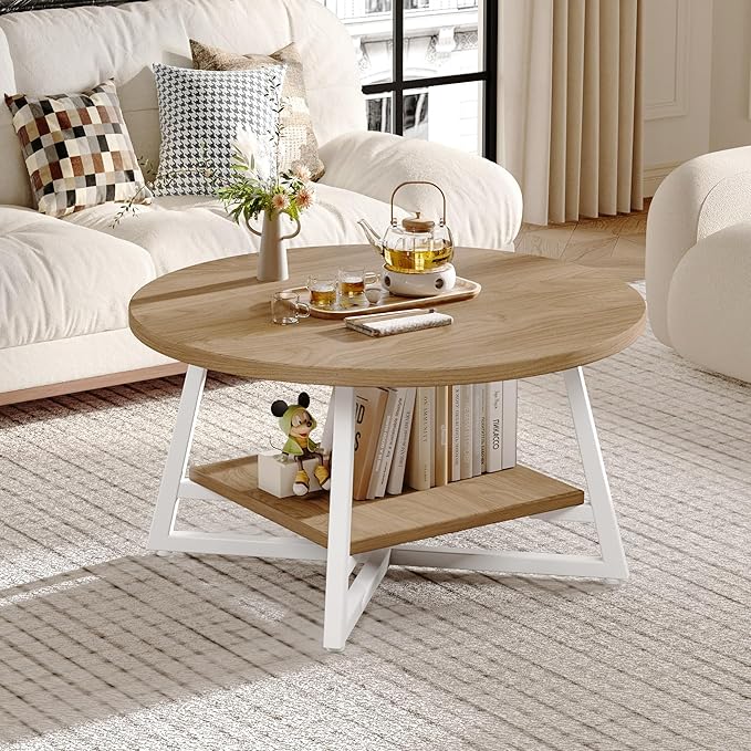 Coffee Table for Living Room, Round Coffee Table, Small Circle Coffee Table with Storage, Modern Wood Round Center Table for Home Office, Small Space, Easy Assembly, Light Coffee