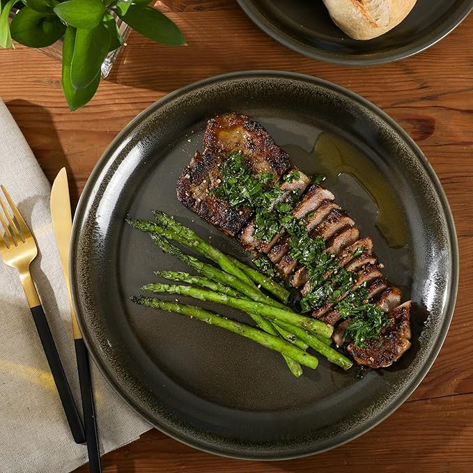 Gibson Elite 12 Piece (Service for 4) Lakecrest Plates and Bowls Reactive Glaze Round Dishes Stoneware Ceramic Dinnerware Set - Dark Green