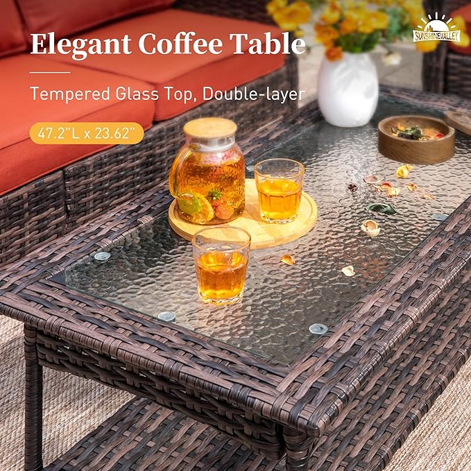 6 Piece Patio Furniture Set with Swivel Chairs, High Back Wicker Rattan Sofa with Extra Thick Cushion, Coffee Table and Ottoman, Outdoor Conversation Set for Backyard Deck,Red