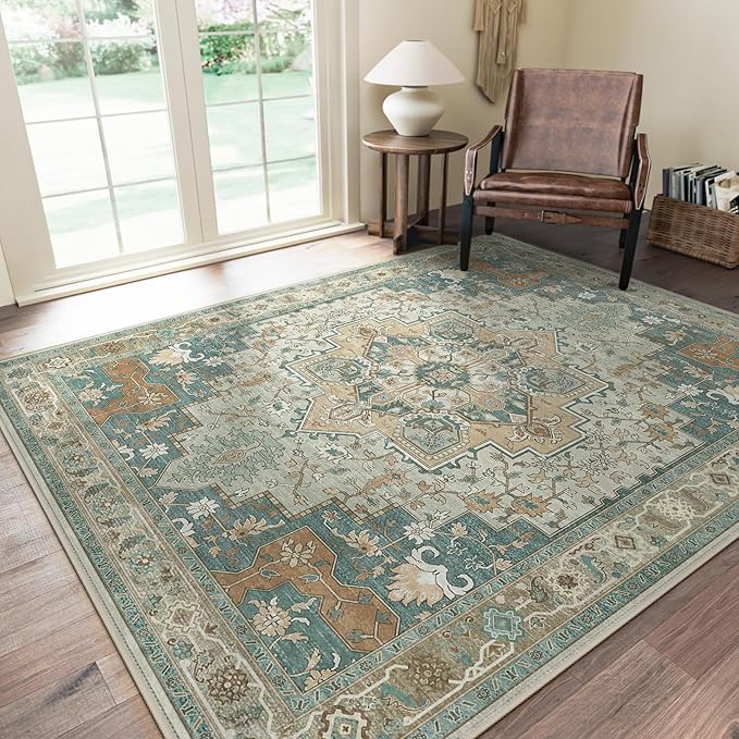 GENIMO 8x10 Area Rugs for Living Room, Machine Washable Non Slip Vintage Rugs, Low Pile Lightweight Chenille Print Rug for Bedroom, Dining Room, Home Office,Ash Blue