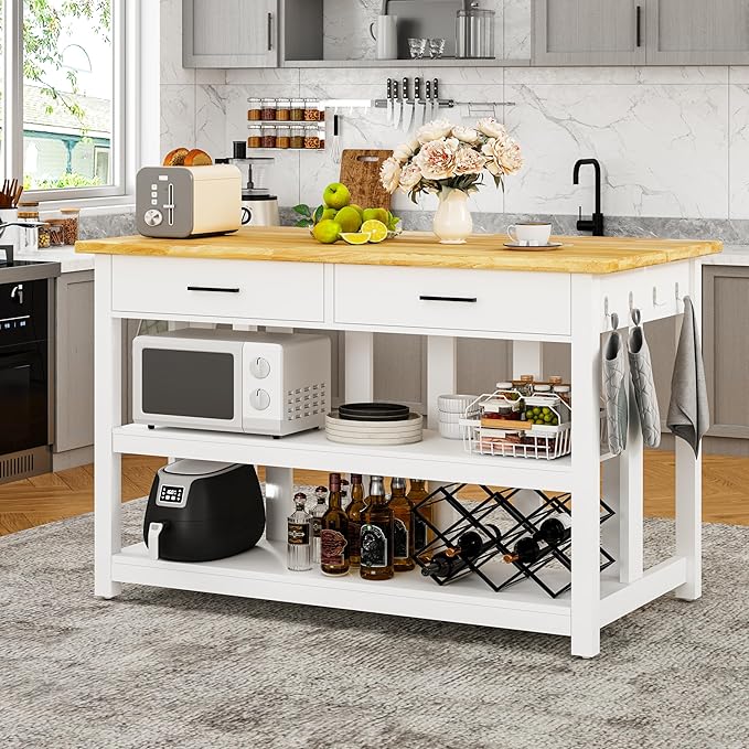 47.3" Solid Rubberwood Kitchen Island with Power Outlets - Extra Large Work Surface, 2 Drawers & Open Shelves Storage Cabinet for Kitchen Dining Room, Farmhouse Style (White)