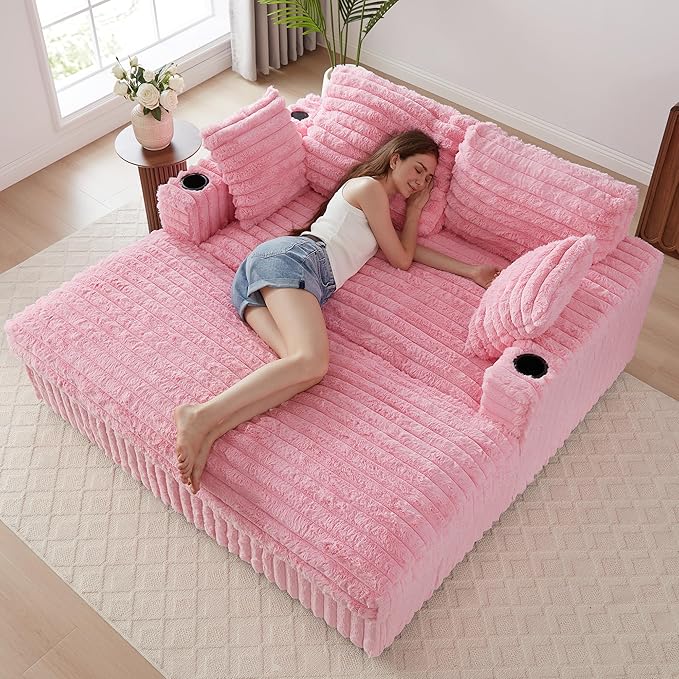 RARZOE 64'' Oversized Chaise Lounge Chair Indoor, Plush Faux Rabbit Fur Sleeper Sofa Bed with 4 Pillows, Charging Station & Cup Holders, Fluffy Comfy Cloud Couch Loveseat Sofa for Living Room,Pink