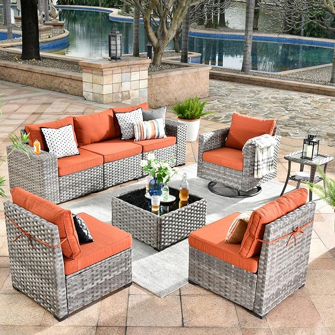 ovios 8 Pieces Patio Furniture Set, Outdoor Wicker Sectional Sofa with Swivel Chair Coffee Table, Modern Modular Deep Seat Rattan Couch Conversation Sets, Orange Red