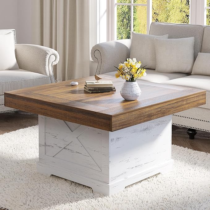 Coffee Table 31.5 in Farmhouse Center Table with X Design Wooden Pedestal for Living Room, Easy Assembly Small Square Home Office Tea Accent Table for Dining Room Apartment, Antique White