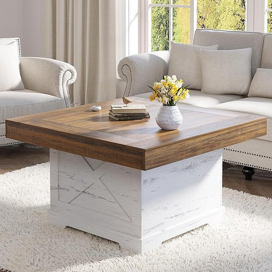 Coffee Table 31.5 in Farmhouse Center Table with X Design Wooden Pedestal for Living Room, Easy Assembly Small Square Home Office Tea Accent Table for Dining Room Apartment, Antique White