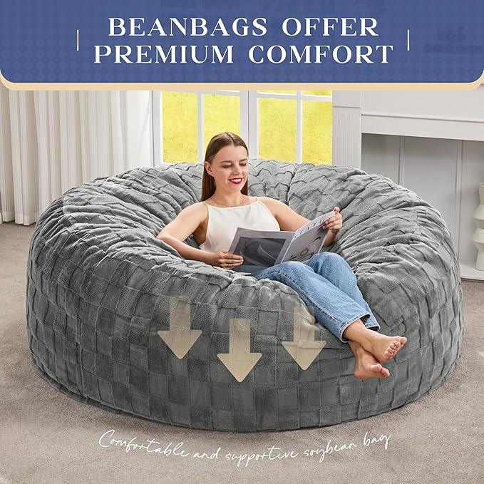 Hobestluk Bean Bag Chairs Beanbag Chair with Filler Adult Bean Bags with Fluffy Plaid Cover, Giant Bean Bag Chairs for Adults for Living Room, Bedroom (Grey, 5FT - 50” x 50” x 24”)