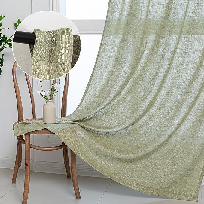 MYSKY HOME Sage Green Sheer Curtains Short Window Treatment Panels Light Filtering Semi Sheer Curtains Boho Farmhouse Style Texture Soft Touch Kitchen Drapes Set, 50" Wide x 63" Long, 2 Panels