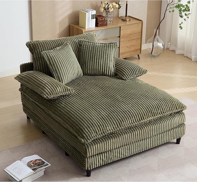 55" W Oversized Chaise Lounge Sofa Couch with 5-Position Adjustable Backrest, Corduroy Sleeper Chair Sofa Bed, Reading Chair ‌with Deep Seat, Cloud Couches for Living Room, Bedroom, Green
