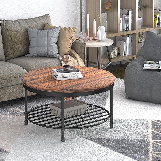 NSdirect 36" Round Coffee Table with Storage Shelf, Dark Grey Brown Vintage Wood Top & Metal Legs - 18.5" Height End Table for Small Spaces (Dark Red Brown)