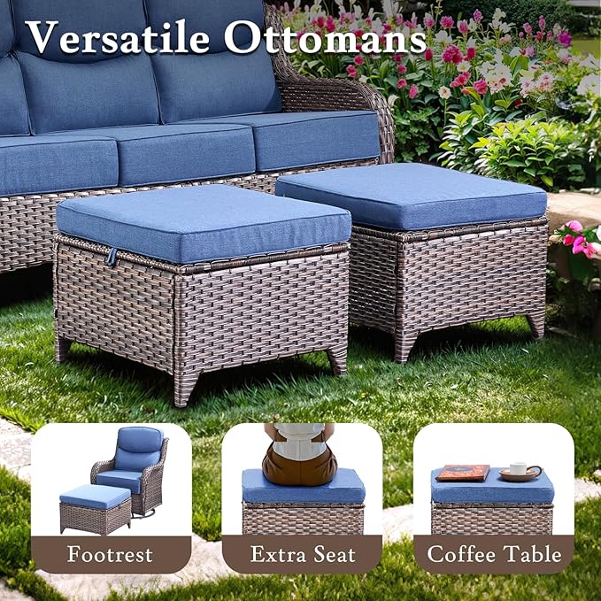 Luxury High Back Outdoor Furniture with 6-inch Extra Thick Cushions, Patio Furniture Set with Swivel Chairs, 7 PCS Wicker Conversation Set for Yard, Deck, Poolside, Brown/Blue