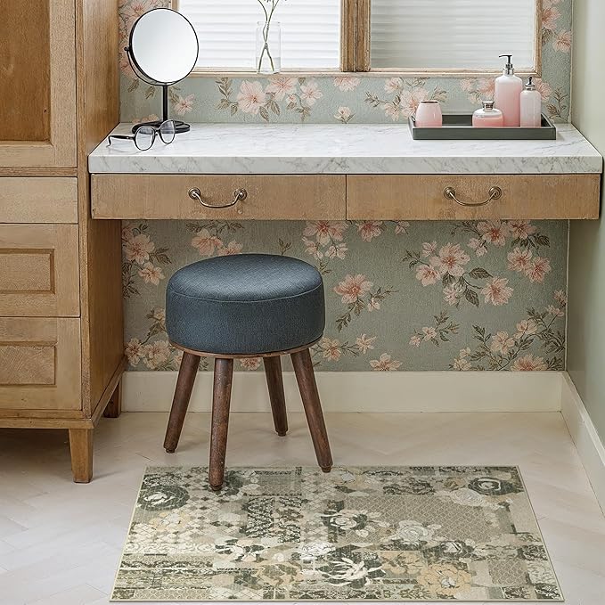 GENIMO Area Rug 2x3 Doormat, Machine Washable Low Pile Rugs, Small Floral Patchwork Retro Chenille Entryway Mat for Entrance, Hallway, Kitchen and Corridor, Taupe Gray