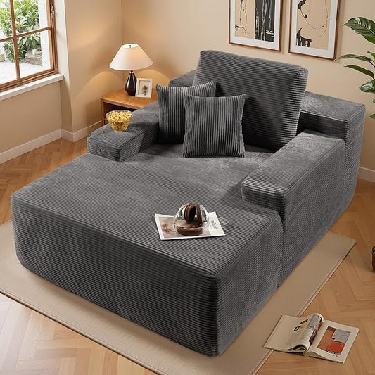 Chaise Lounge Chair Indoor, Oversized Sleeping Couch 67" L * 48.5" W Assembly Free Modern Minimalist Sofa, Extra Deep Large Single Seat Sofa for Living Room (Grey Corduroy Fabric)