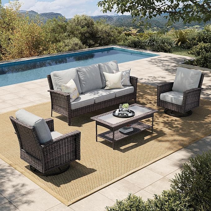 HERA'S HOUSE Gray Patio Furniture Set with High Back Swivel Chairs, Comfy Outdoor Wicker Conversation Sofa Sets with 5.5" Waterproof Cushions for Deck Lawn Backyard