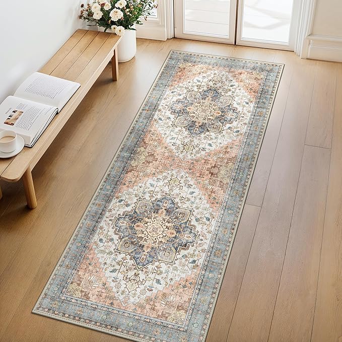 GENIMO 3x10 Runner Rugs for Hallway, Machine Washable Non Slip Vintage Rugs, Low Pile Lightweight Soft Print Rug for enrtyway, Corridor, Home Office, Kitchen, Blue Brick Red