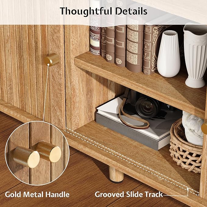 3-Piece Mid Century Modern Living Room Table Set, 70" TV Stand with Tambour Door, Nesting Round Coffee Table Set of 2, Wood Slats Entertainment Center with Storage, Natural Oak