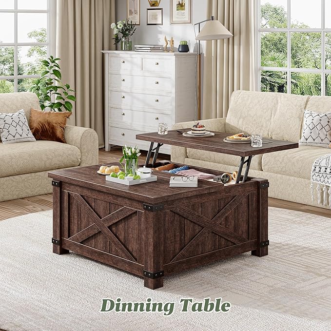 EnHomee Lift Top Coffee Table with Storage, 36" Farmhouse Coffee Tables for Living Room, Square Coffee Table with Large Hidden Space, for Living Room, Bedroom, Home Office, Classic Brown