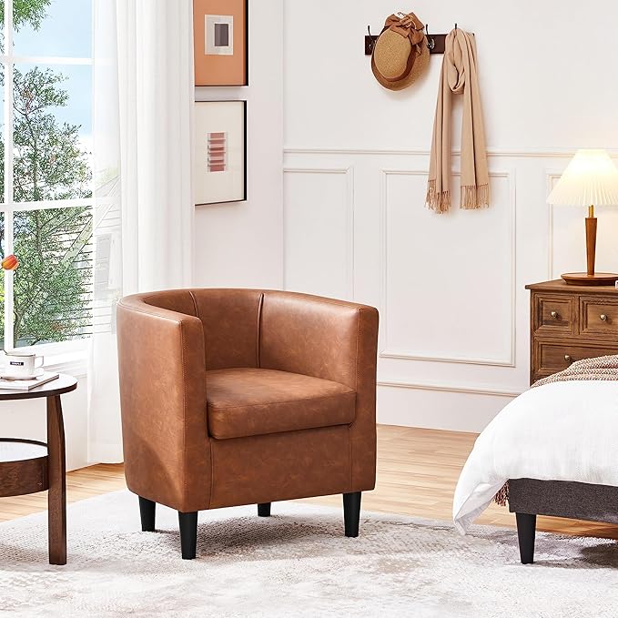Yaheetech Accent Chair, PU Leather, Modern and Comfortable Armchairs, Upholstered Barrel Sofa Chair for Living Room Bedroom Waiting Room, Brown