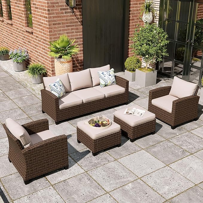 Patio Furniture Set, 5 Pcs Wicker Rattan Outdoor Conversation Set, 2 x Leg Chairs, 1 x 3 Seater Sofa and 2 x Ottoman with 4" Thick Cushion, Beige
