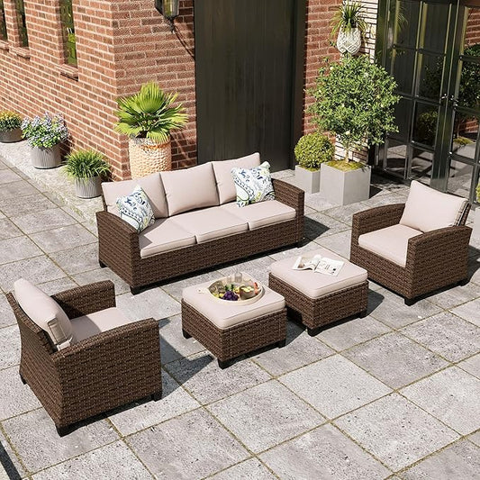 Patio Furniture Set, 5 Pcs Wicker Rattan Outdoor Conversation Set, 2 x Leg Chairs, 1 x 3 Seater Sofa and 2 x Ottoman with 4" Thick Cushion, Beige