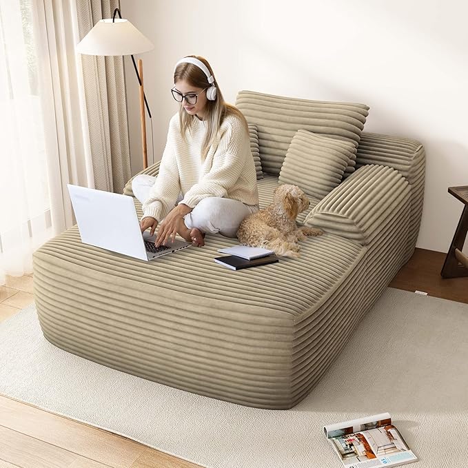 67" Oversized Chaise Lounge Chair Indoor, Comfy Sleeper Sofa Bed, Beige Plush Corduory Couch for Living Room Bedroom,Sofa in A Box,No Assembly Required.