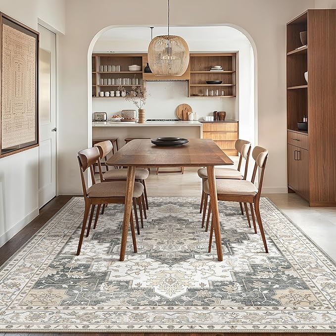 GENIMO 10x14 Area Rugs for Living Room, Machine Washable Non Slip Vintage Rugs, Low Pile Lightweight Chenille Print Rug for Bedroom, Dining Room, Home Office, Heathered Grey