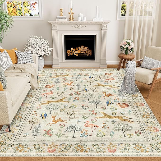 DUKINO 8x10 Rug, Washable Animal Living Room Rug with Non Slip Vintage Design, Soft Low Pile Large Carpet for Bedroom, Nursery, Dining Room, Farmhouse, Playroom, White