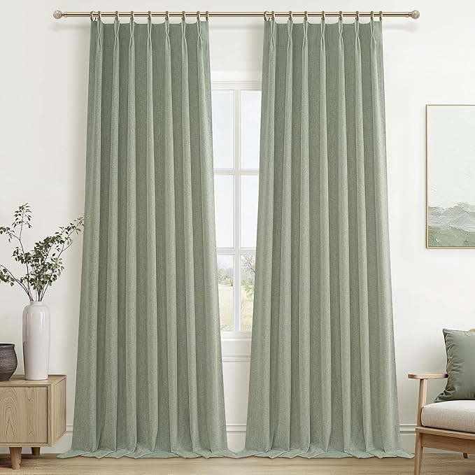 Sage Green Blackout Linen Curtains 102 Inches Long for Living Room Bedroom, Pinch Pleated Boho Light Drapes Viral Window Curtain with Pinch Pleat Clips Thermal Insulated (40"Wx102"Lx2Panels Sage)