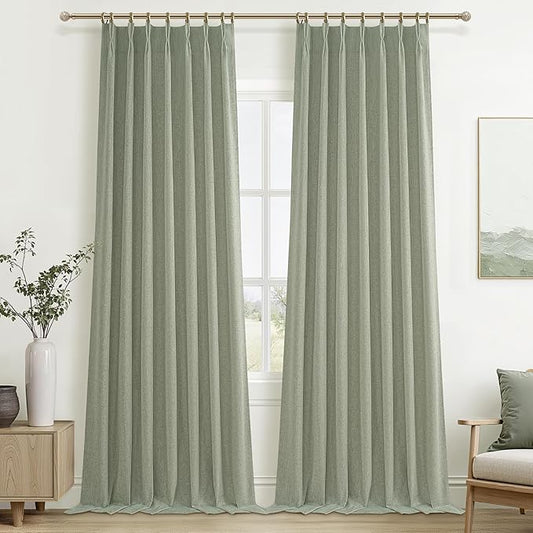 Sage Green Blackout Linen Curtains 108 Inches Long for Living Room Bedroom, Pinch Pleated Boho Light Drapes Viral Window Curtain with Pinch Pleat Clips Thermal Insulated (40"Wx108"Lx2Panels Sage)