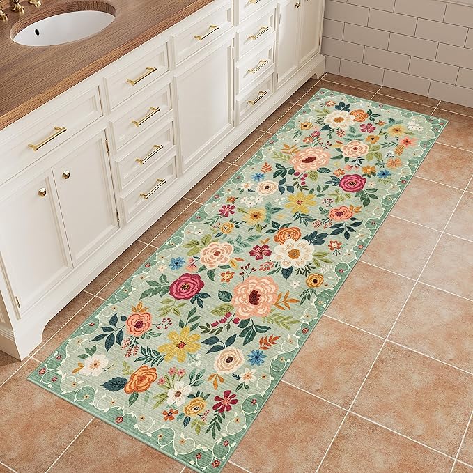 DUKINO 2x5 Runner Rug for Hallway, Washable Kitchen Floral Runner Rug with Non Slip Backing, Low Pile Soft Boho Carpet for Kitchen, Hallway, Entryway, Laundry, Bedroom, Green