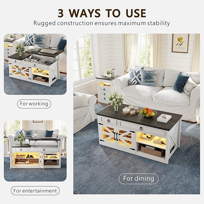 Lvifur 48" Farmhouse Lift Top Coffee Table with LED Lights & Charging Station, Living Room Center Table with 2 Hidden Storage Compartments, Lifting Tabletop and Adjustable Shelf (White)
