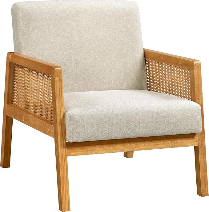 Yaheetech Beige Accent Chair, Armchair with Wood Legs, Mid Century Living Room Chair, Linen Fabric Lounge Chair for Bedroom Reading Room, Beige