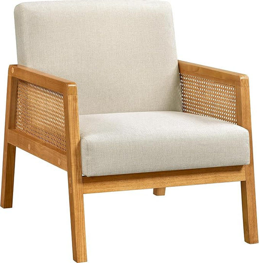 Yaheetech Beige Accent Chair, Armchair with Wood Legs, Mid Century Living Room Chair, Linen Fabric Lounge Chair for Bedroom Reading Room, Beige