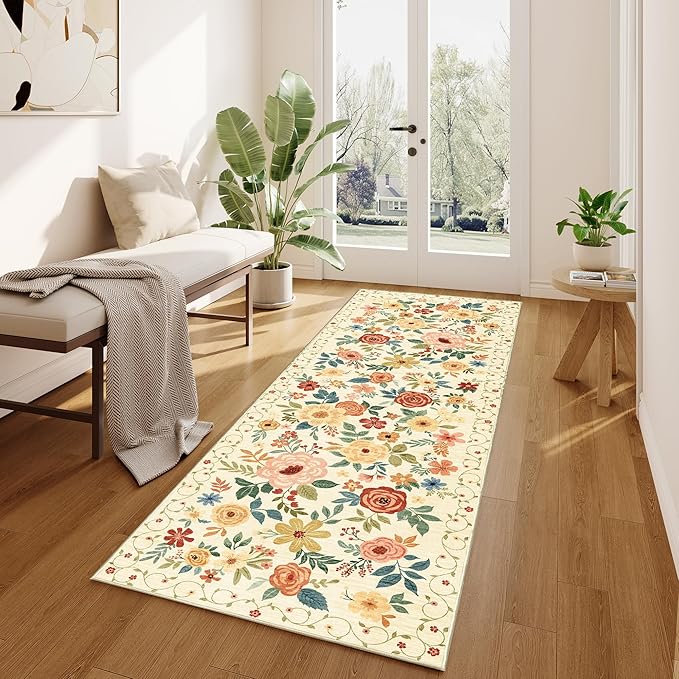 DUKINO 2x6 Runner Rug for Hallway, Washable Kitchen Runner Rug with Non Slip Backing, Low Pile Soft Boho Floral Runner for Kitchen, Hallway, Entryway, Laundry, Bedroom, Beige Yellow