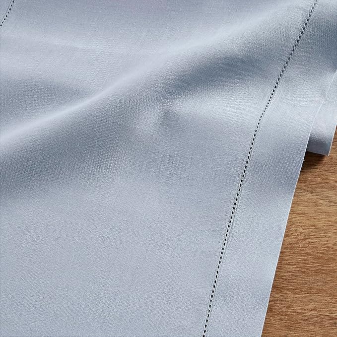 Solino Home Linen Dusty Blue Table Runner 72 Inches Long - 100% Pure Linen Hemstitch Table Runner 14 x 72 Inch for Dresser, Dining, Fall, Autumn, Halloween, Thanksgiving - Classic Hemstitch