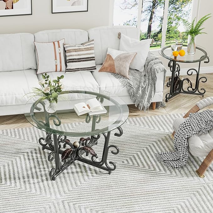 Tempered-Glass Nesting Coffee Table Set of 3 ，Black 31.5" Round Coffee Table and 2pcs Round Small Side Tables，Small-Space Friendl Modern Apartment Coffee Tables for Living Room