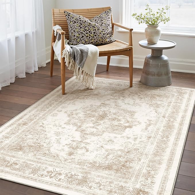Area Rug 3x5 Cream Washable Office Entryway Vintage Medallion Beige Carpet Non Slip Retro Indoor Mat Low Pile Soft Distressed Small Rug for Bedroom Kitchen Laundry Dining Room