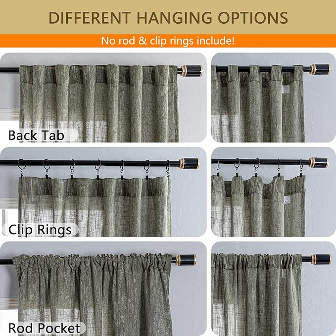 MYSKY HOME 90 Inches Long Living Room Curtains Farmhouse Light Filtering Privacy Curtain Drapes for Patio Door, Linen Look Texture Fabric Bohemian Draperies Soft Touch, 100x90, Olive Green, 1 Panel