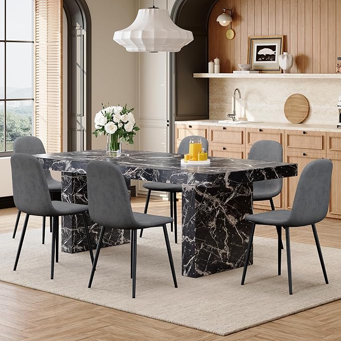 79" Marble Dining Table Set｜Modern Dining Table Set with 6 Artifical Leather Chairs｜Engineered Wood with Marble Pattern Tabletop｜Widened and Stable Tablelegs｜Easy Assembly
