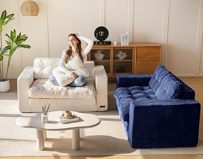 MAXYOYO Convertible Sofa Bed, Pull Out Loveseat Sleeper Sofa, 2 in 1 Folding Couch Bed, Fold Out Floor Couch with Pillows for Living Room Bedroom Lounge, Navy