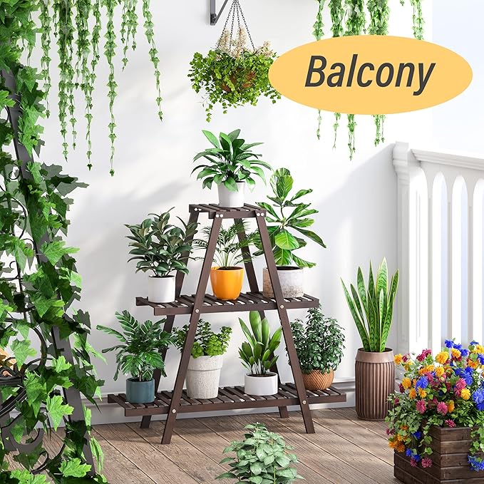 Plant Stand Indoor, Outdoor bamboo Plant Rack for Multiple Plants, 3 Tier 8 Potted Flower Holder Ladder,Plant Shelf Ladder Table Plant Pot Stand for Living Room, Patio, Balcony (Brown)