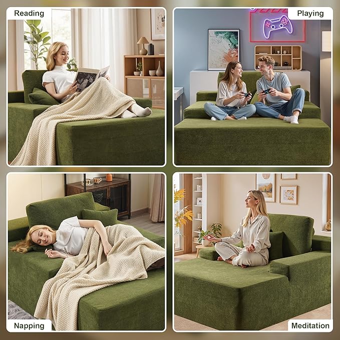 Chaise Lounge Chair Indoor, 67" Oversized Comfy Cloud Velvet Sleeper Sofa Bed, Boneless Upholstered Recliner Bed with Pillows and Wide Armrests, Modern Cloud Couch for Living Room, Green