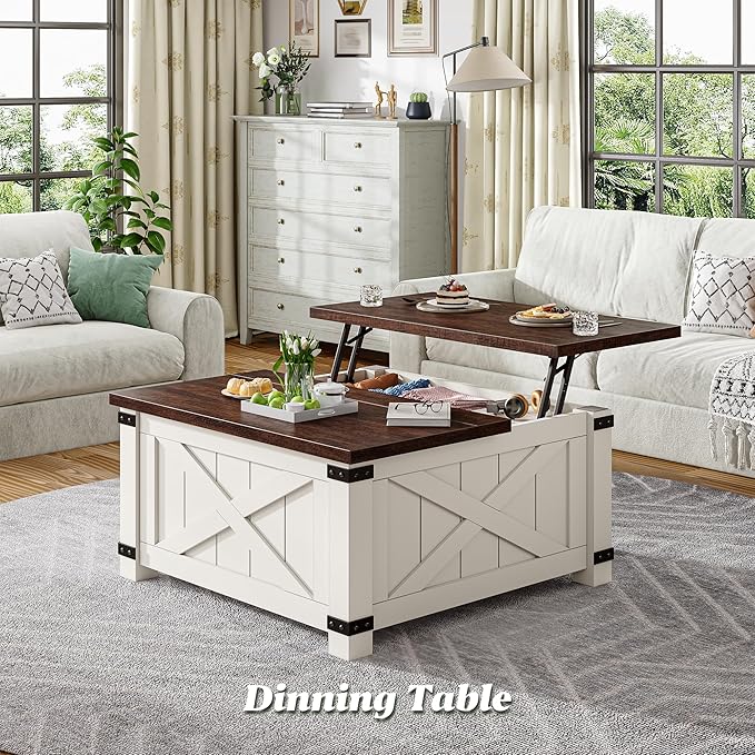 EnHomee Lift Top Coffee Table with Storage, 36" Farmhouse Coffee Tables for Living Room, Square Coffee Table with Large Hidden Space, for Living Room, Bedroom, Home Office, White