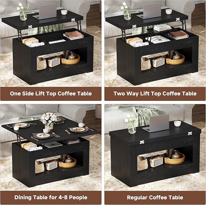 40" Lift Top Coffee Table, 4 in 1 Multi-Function Lift Coffee Tables with Storage and Hidden Compartment, Convertible Coffee Table to Dining Table for Living Room, Black