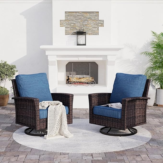 Patio Wicker Swivel Chairs Set of 2, Outdoor High Back Chairs with 5.5" Waterproof Cushions, Outdoor Furniture Set for Deck Porch and Yard, Peacock Blue