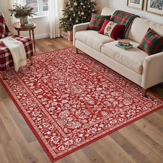 Christmas Area Rug 4x6 Red Washable Office Carpet Holiday Door Mat Vintage Low Pile Distressed Retro Floral Throw Non Slip Soft Decorative Xmas Rug for Entryway Kitchen Bedroom Bathroom